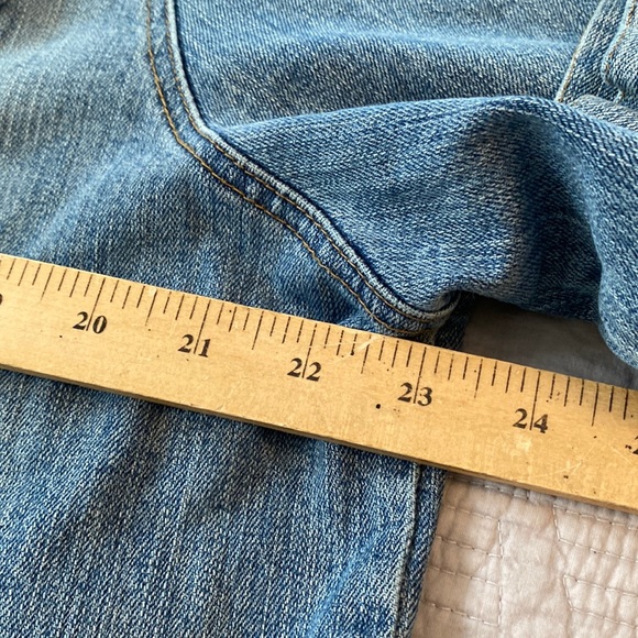 Upcycled long denim duster / jean jacket OOAK Reworked tiered appliqué boho - Picture 8 of 12